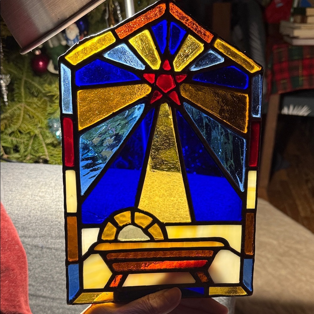 Stained Glass Nativity Scene Panel Vintage handcrafted, signed 10.25 in x 7 in
